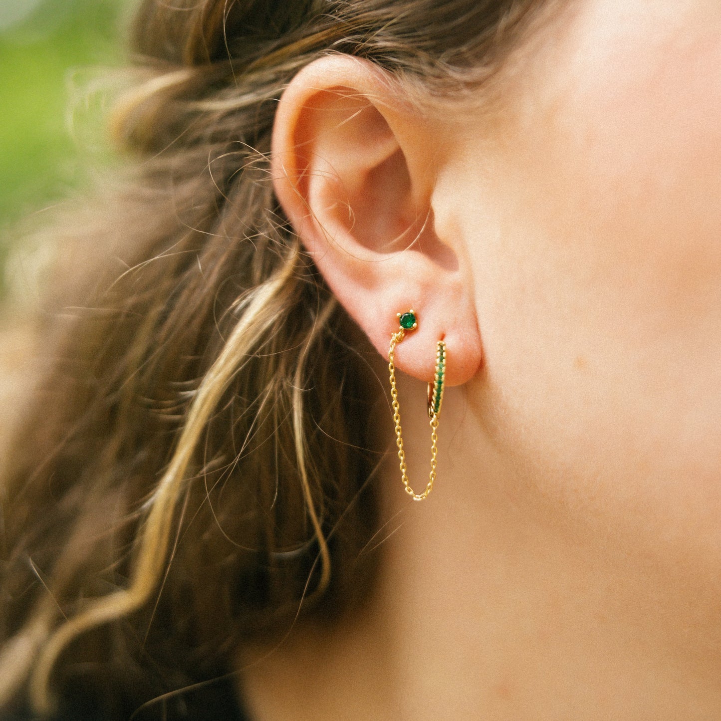 Invisible String Chained Huggie + Stud: Green