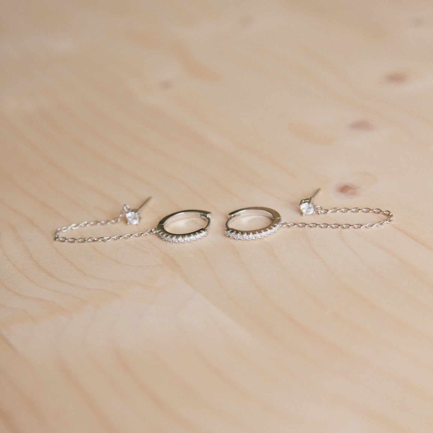 Invisible String Chained Huggie + Stud Set: Silver Clear