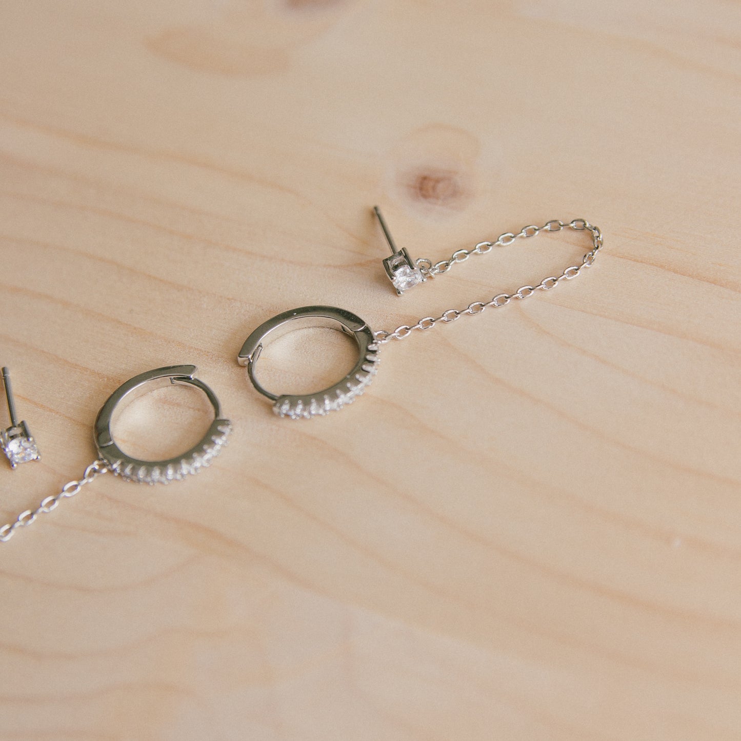 Invisible String Chained Huggie + Stud Set: Silver Clear