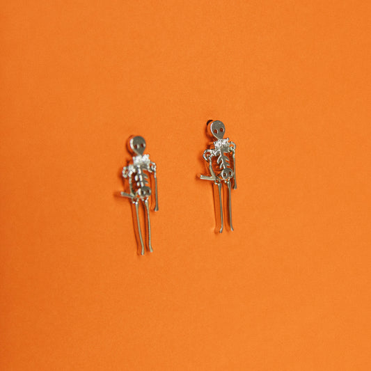 Death Drop Skeleton Earrings - Silver