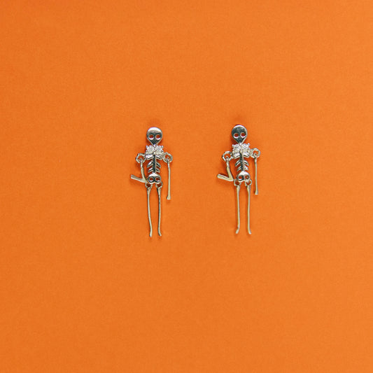Death Drop Skeleton Earrings - Silver
